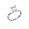 A three-quarter view of the Radiant cut diamond engagement ring in 14k white gold with a diamond channel band and cathedral setting.