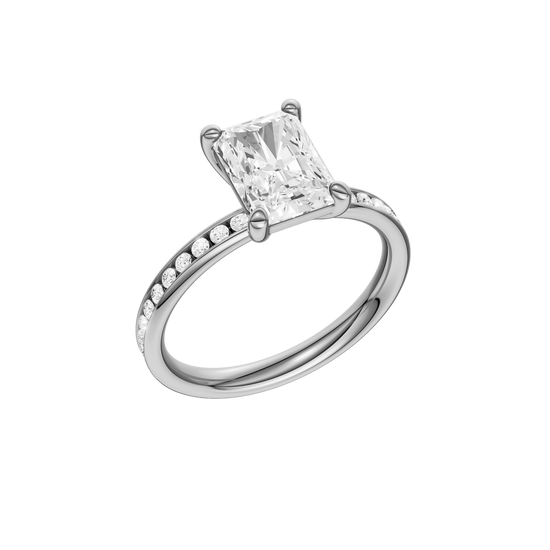 A three-quarter view of the Radiant cut diamond engagement ring in platinum with a diamond channel band and cathedral setting.