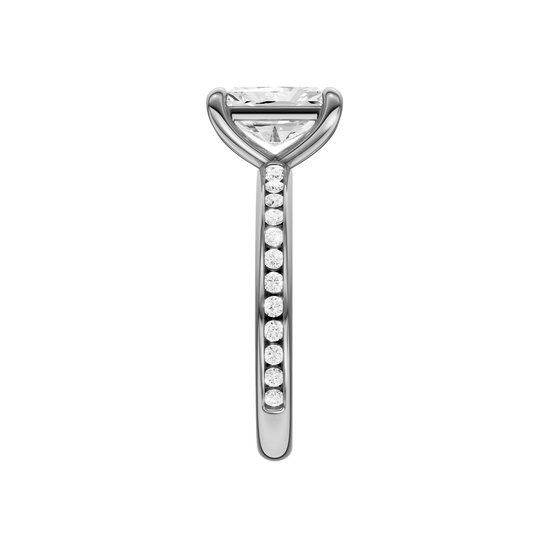A side view of the Radiant cut diamond engagement ring in 14k white gold with a diamond channel band and cathedral setting.