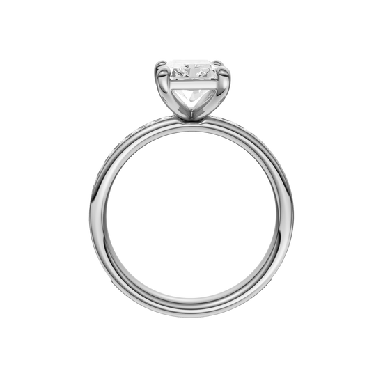 A profile view of the Radiant cut diamond engagement ring in 14k white gold with a diamond channel band and cathedral setting.