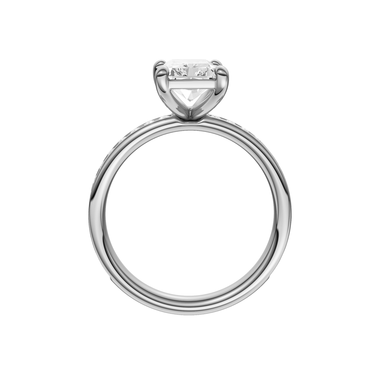 A profile view of the Radiant cut diamond engagement ring in 14k white gold with a diamond channel band and cathedral setting.