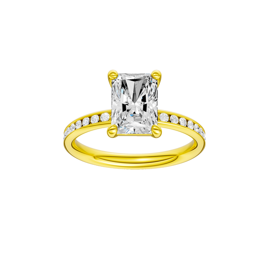 A front view of the Radiant cut diamond engagement ring in 14k yellow gold with a diamond channel band and cathedral setting.