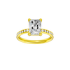 A front view of the Radiant cut diamond engagement ring in 14k yellow gold with a diamond channel band and cathedral setting.