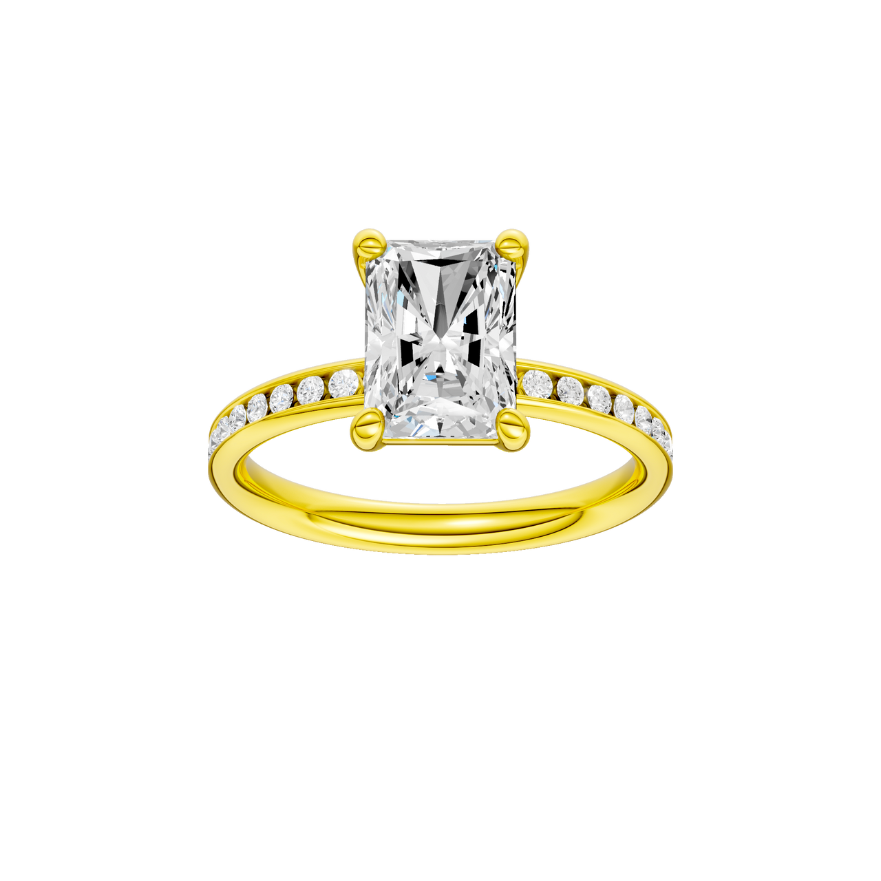 A front view of the Radiant cut diamond engagement ring in 14k yellow gold with a diamond channel band and cathedral setting.