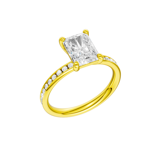 A three-quarter view of the Radiant cut diamond engagement ring in 14k yellow gold with a diamond channel band and cathedral setting.