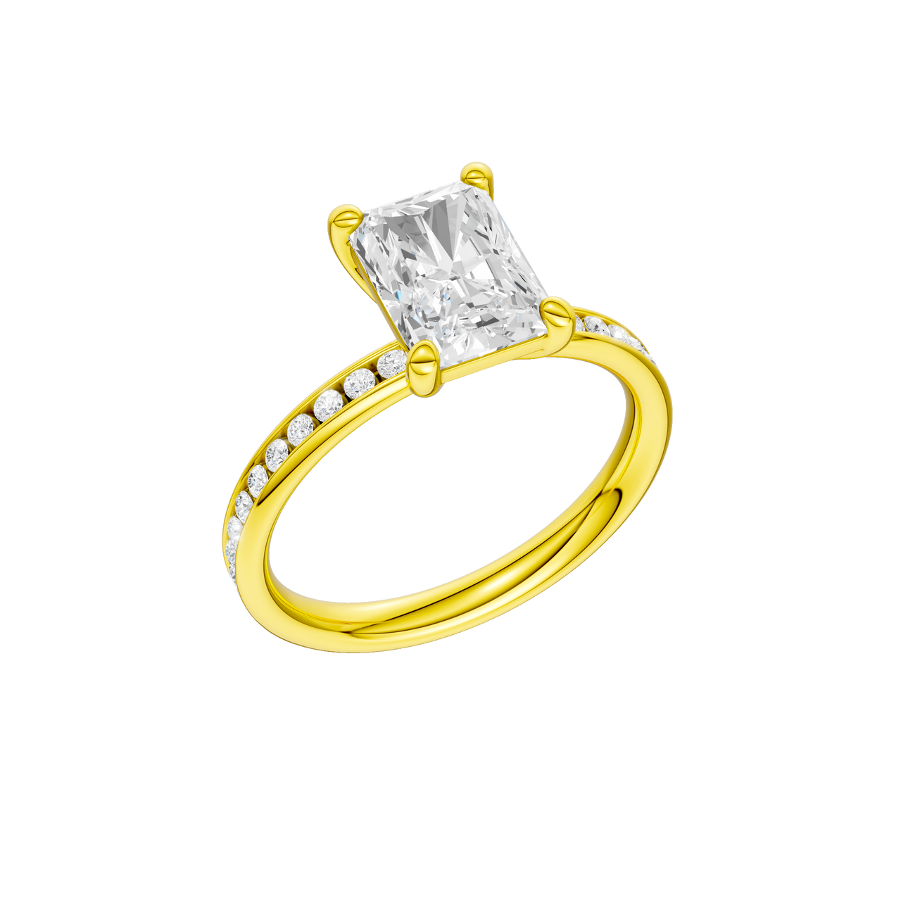 A three-quarter view of the Radiant cut diamond engagement ring in 14k yellow gold with a diamond channel band and cathedral setting.