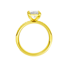 A profile view of the Radiant cut diamond engagement ring in 14k yellow gold with a diamond channel band and cathedral setting.