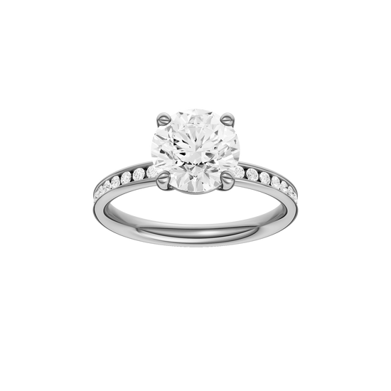 A front view of the Round cut diamond engagement ring in platinum with a diamond channel band and cathedral setting