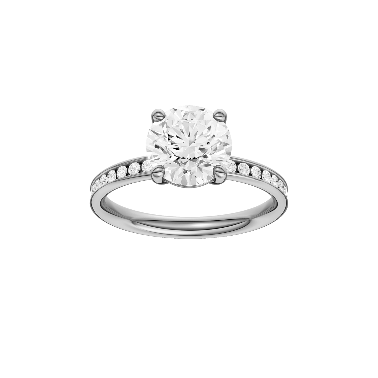 A front view of the Round cut diamond engagement ring in platinum with a diamond channel band and cathedral setting