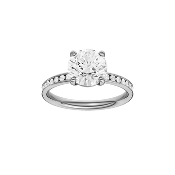 A front view of the Round cut diamond engagement ring in 14k white gold with a diamond channel band and cathedral setting