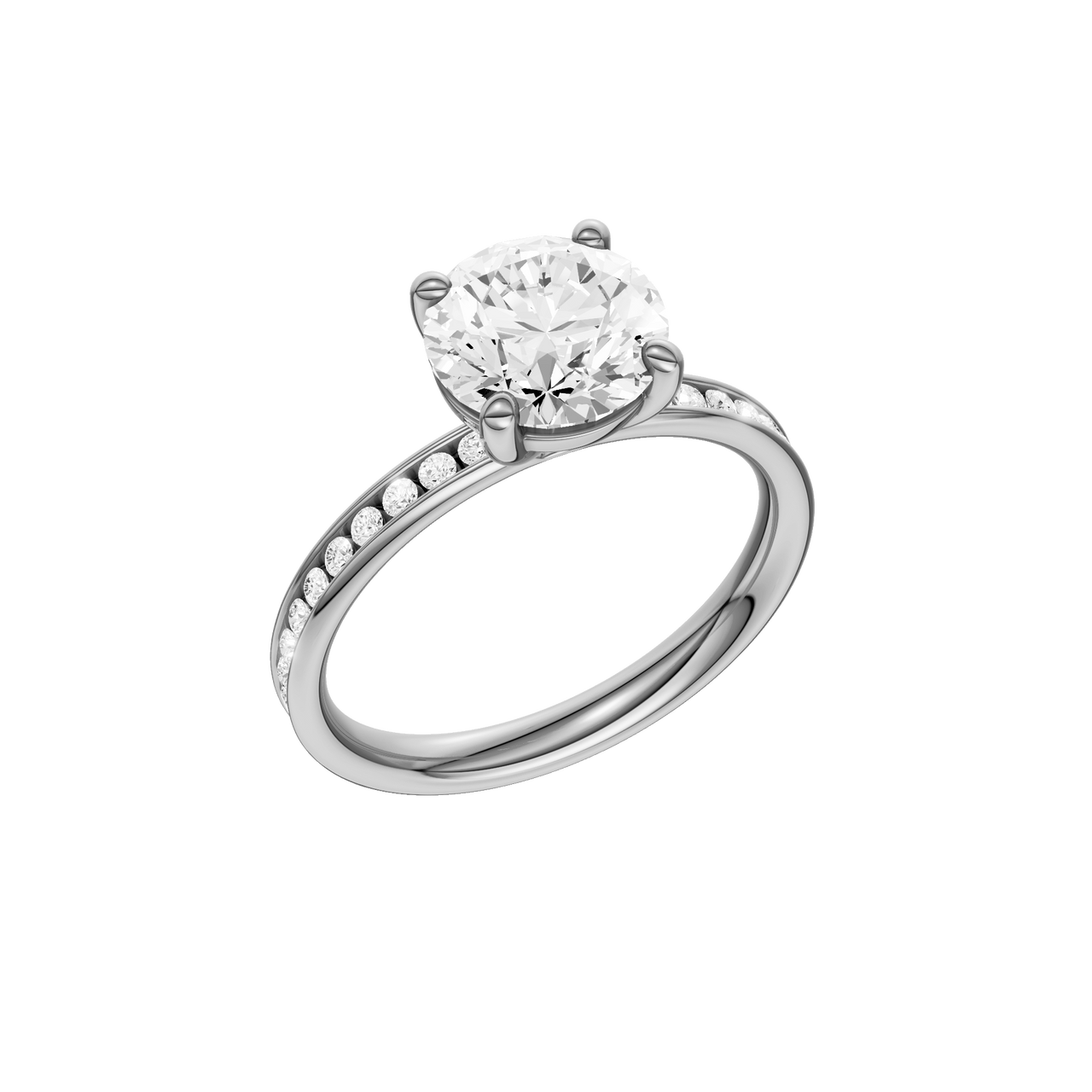 A three-quarter view of the Round cut diamond engagement ring in platinum with a diamond channel band and cathedral setting