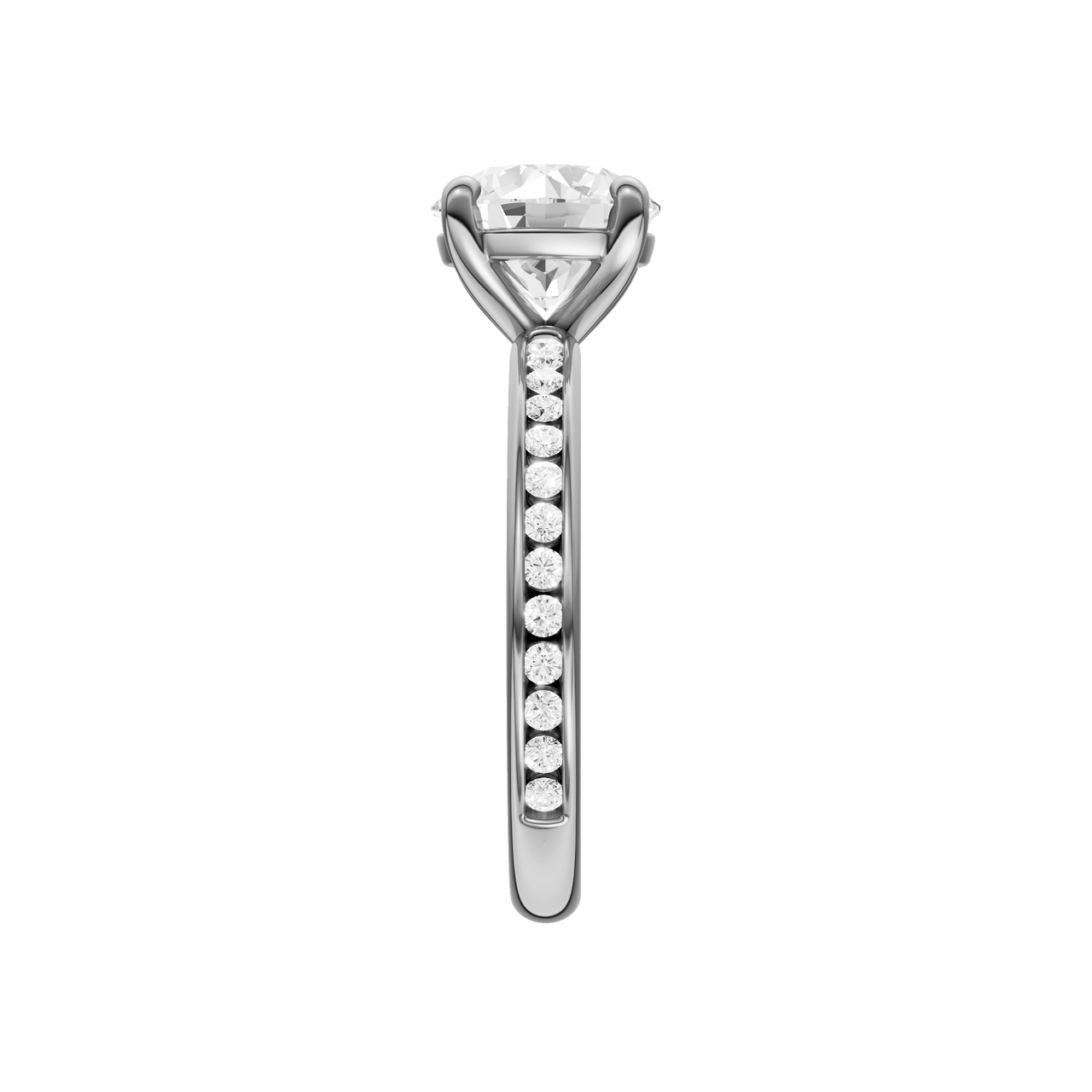A side view of the Round cut diamond engagement ring in platinum with a diamond channel band and cathedral setting