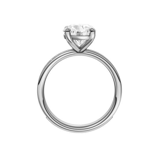 A profile view of the Round cut diamond engagement ring in platinum with a diamond channel band and cathedral setting