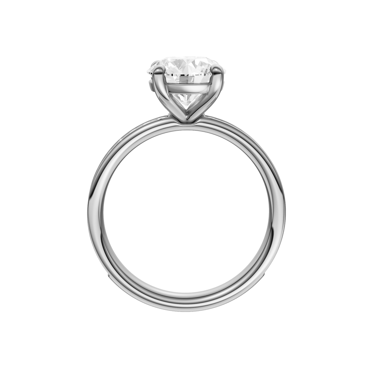 A profile view of the Round cut diamond engagement ring in 14k white gold with a diamond channel band and cathedral setting