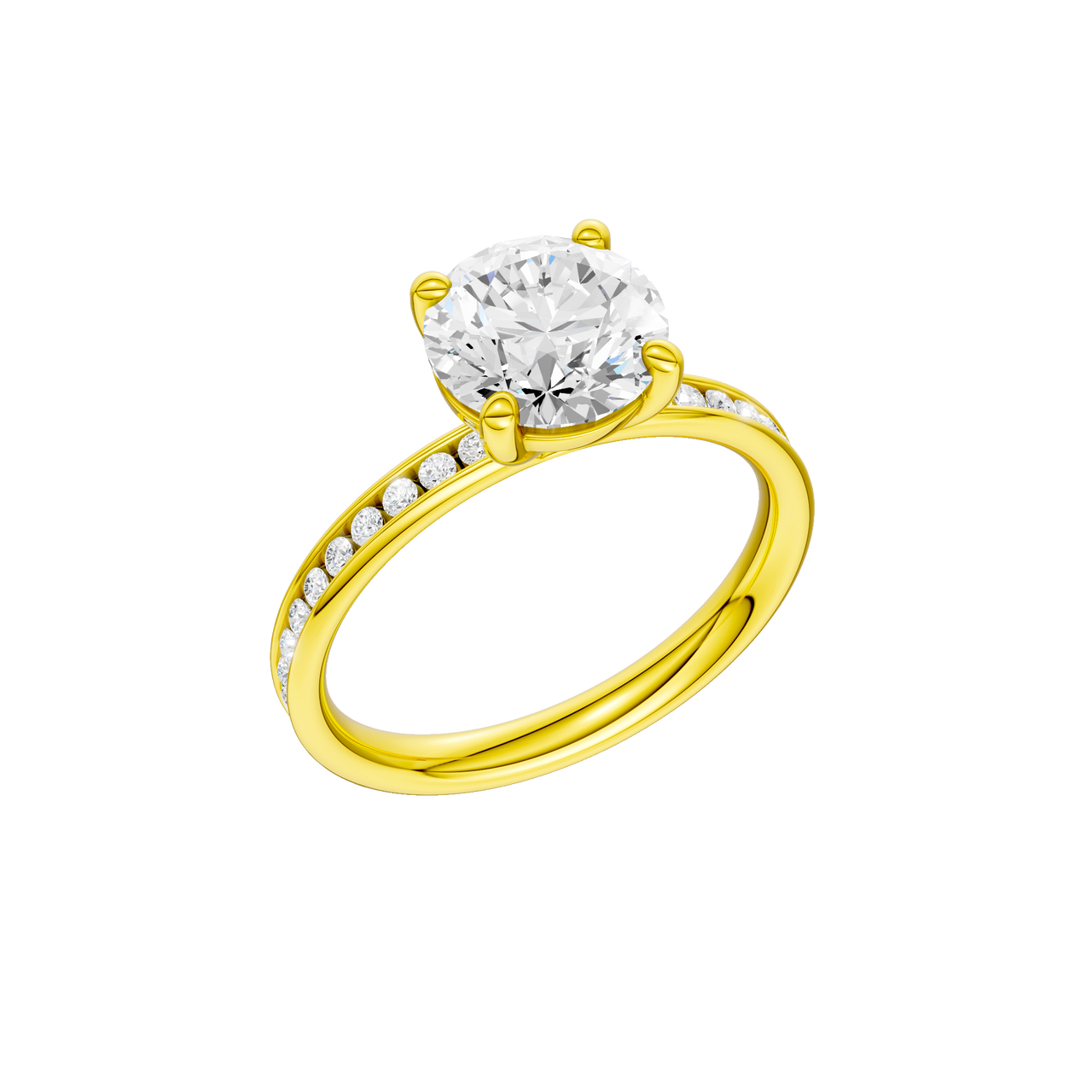 A three-quarter view of the Round cut diamond engagement ring in 14k yellow gold with a diamond channel band and cathedral setting