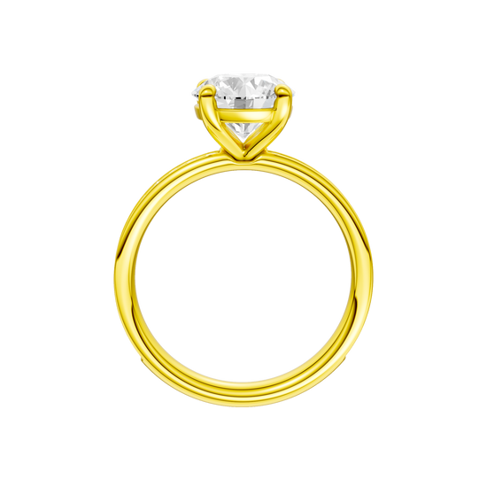 A profile view of the Round cut diamond engagement ring in 14k yellow gold with a diamond channel band and cathedral setting