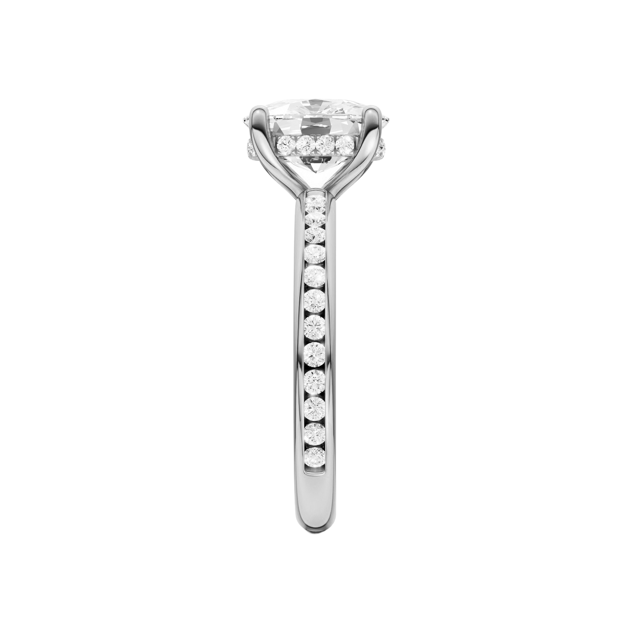 A side view of the Elongated Cushion cut diamond engagement ring in platinum with a channel band and hidden halo setting