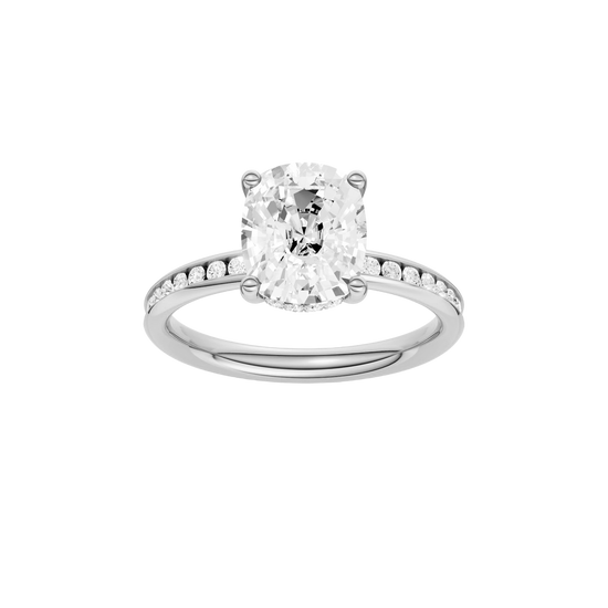 A front view of the Elongated Cushion cut diamond engagement ring in platinum with a channel band and hidden halo setting