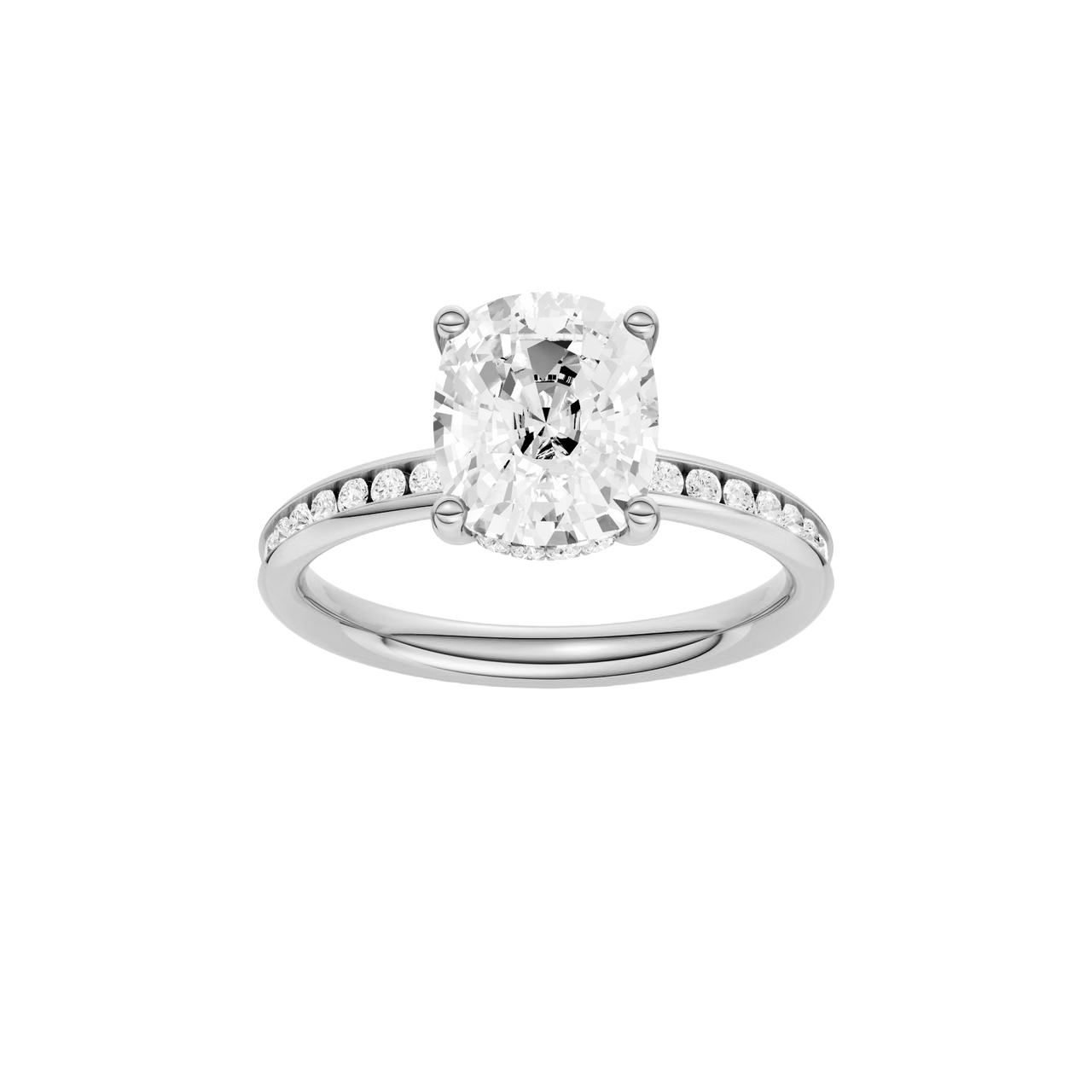 A front view of the Elongated Cushion cut diamond engagement ring in platinum with a channel band and hidden halo setting