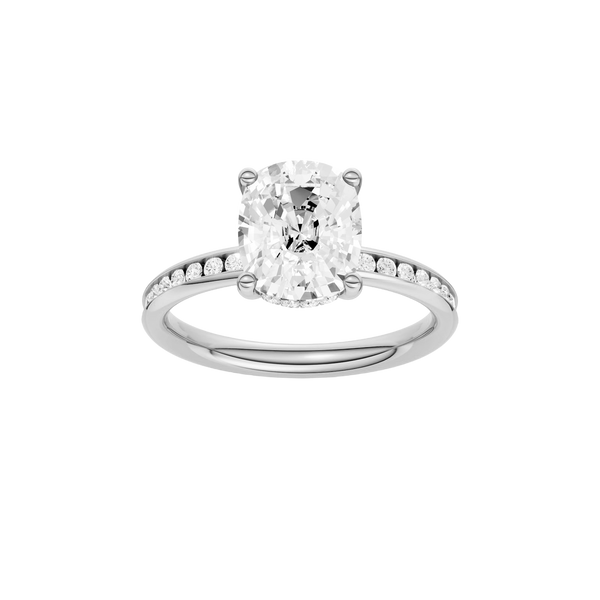A front view of the Elongated Cushion cut diamond engagement ring in 14k white gold with a channel band and hidden halo setting