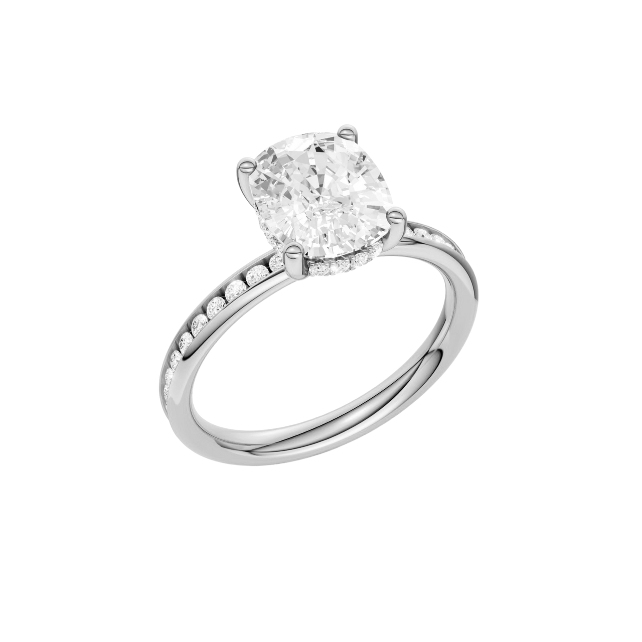 A three-quarter view of the Elongated Cushion cut diamond engagement ring in 14k white gold with a channel band and hidden halo setting