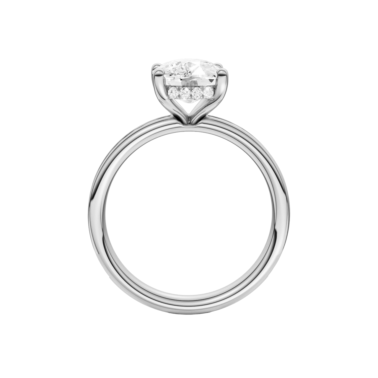 A profile view of the Elongated Cushion cut diamond engagement ring in platinum with a channel band and hidden halo setting