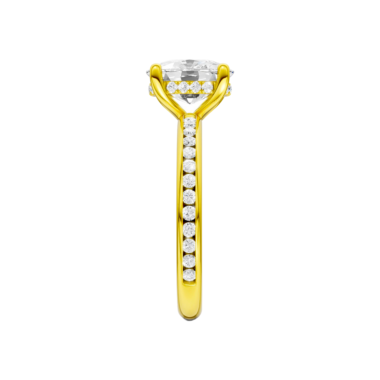 A side view of the Elongated Cushion cut diamond engagement ring in 14k yellow gold with a channel band and hidden halo setting