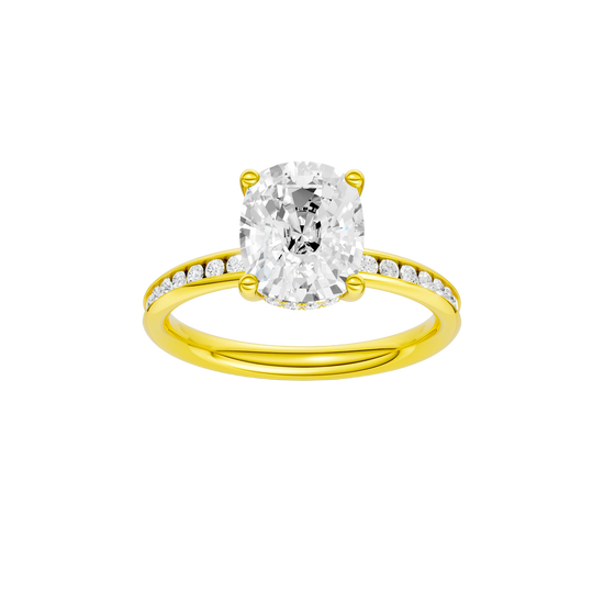 A front view of the Elongated Cushion cut diamond engagement ring in 14k yellow gold with a channel band and hidden halo setting