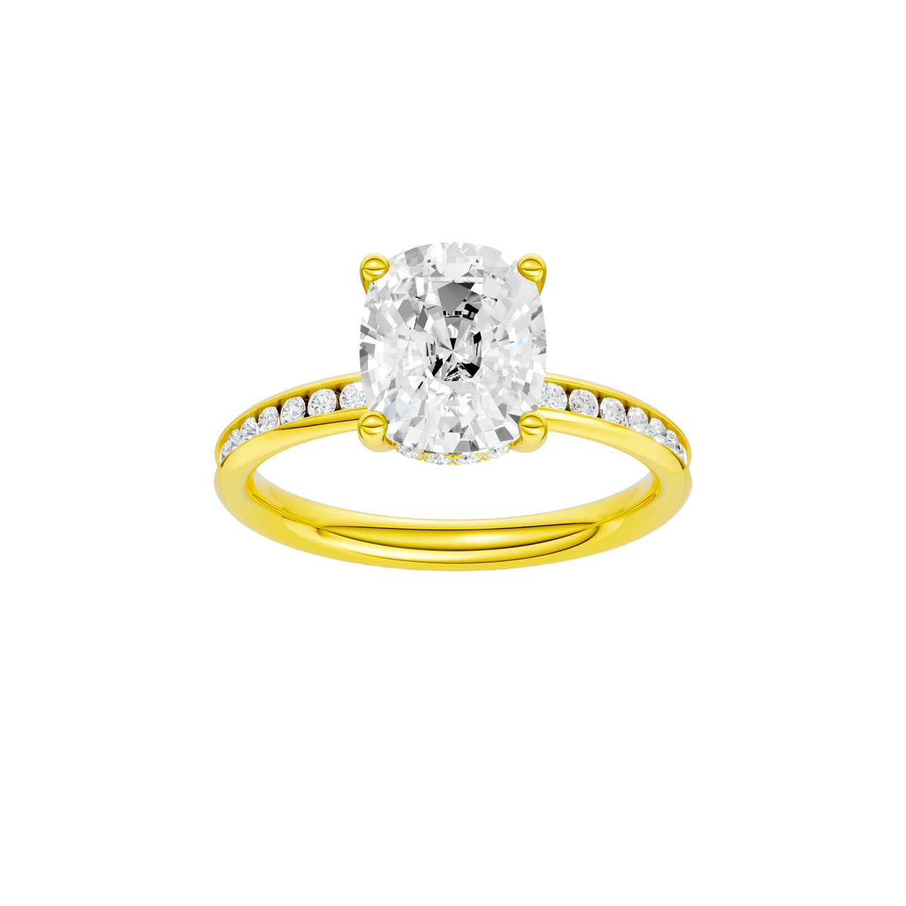 A front view of the Elongated Cushion cut diamond engagement ring in 14k yellow gold with a channel band and hidden halo setting