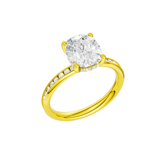 A three-quarter view of the Elongated Cushion cut diamond engagement ring in 14k yellow gold with a channel band and hidden halo setting