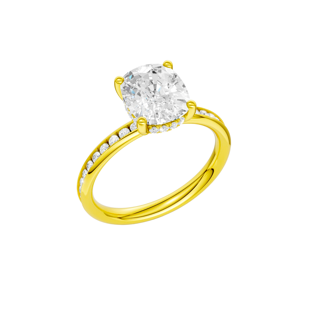 A three-quarter view of the Elongated Cushion cut diamond engagement ring in 14k yellow gold with a channel band and hidden halo setting