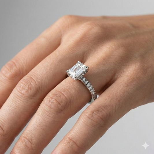 Emerald cut diamond engagement ring in 14k white gold with a diamond channel band and cathedral setting on a hand