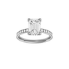A front view of the Emerald cut diamond engagement ring in platinum with a diamond channel band and cathedral setting