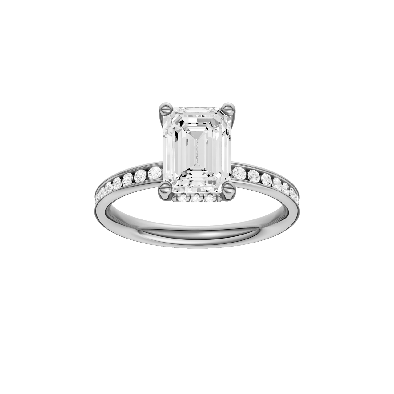 A front view of the Emerald cut diamond engagement ring in platinum with a diamond channel band and cathedral setting