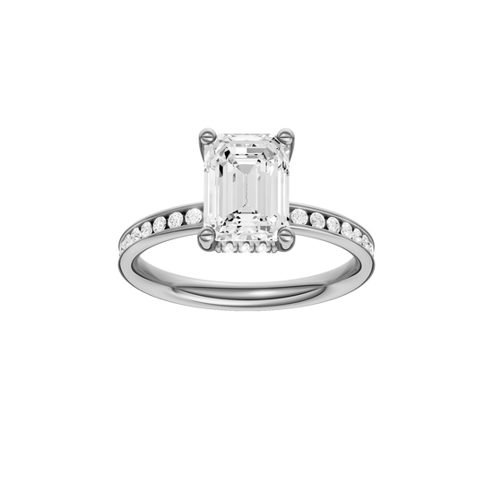 A front view of the Emerald cut diamond engagement ring in 14k white gold with a diamond channel band and cathedral setting