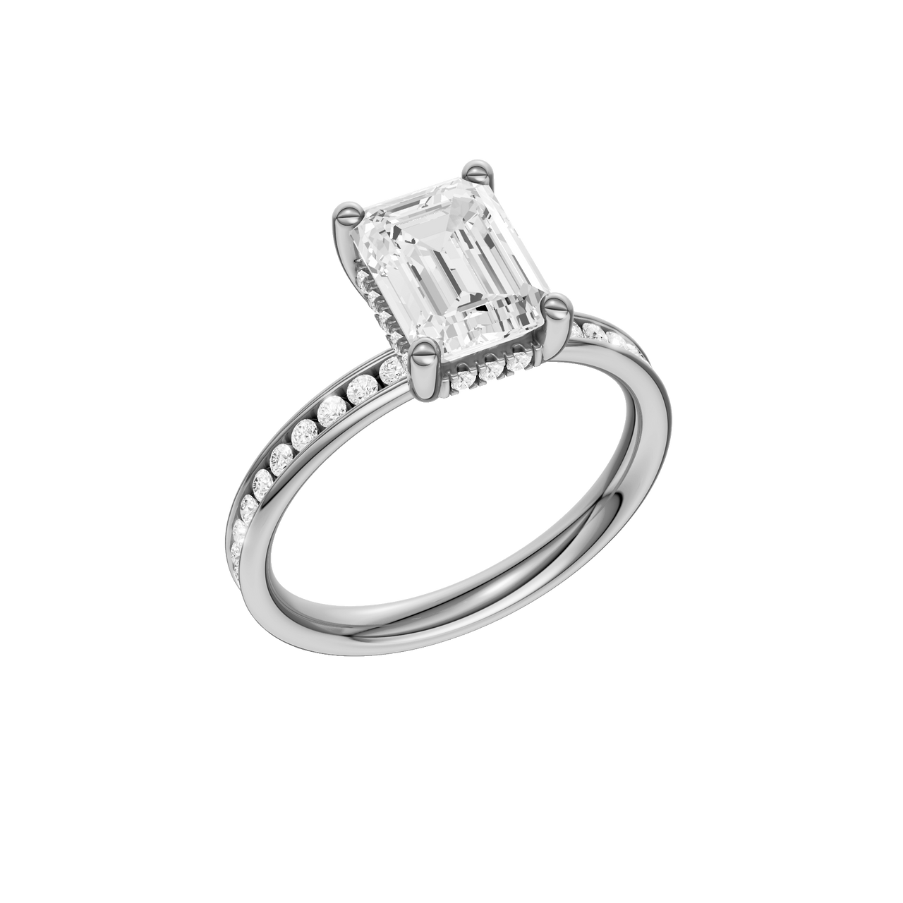 A three-quarter view of the Emerald cut diamond engagement ring in platinum with a diamond channel band and cathedral setting