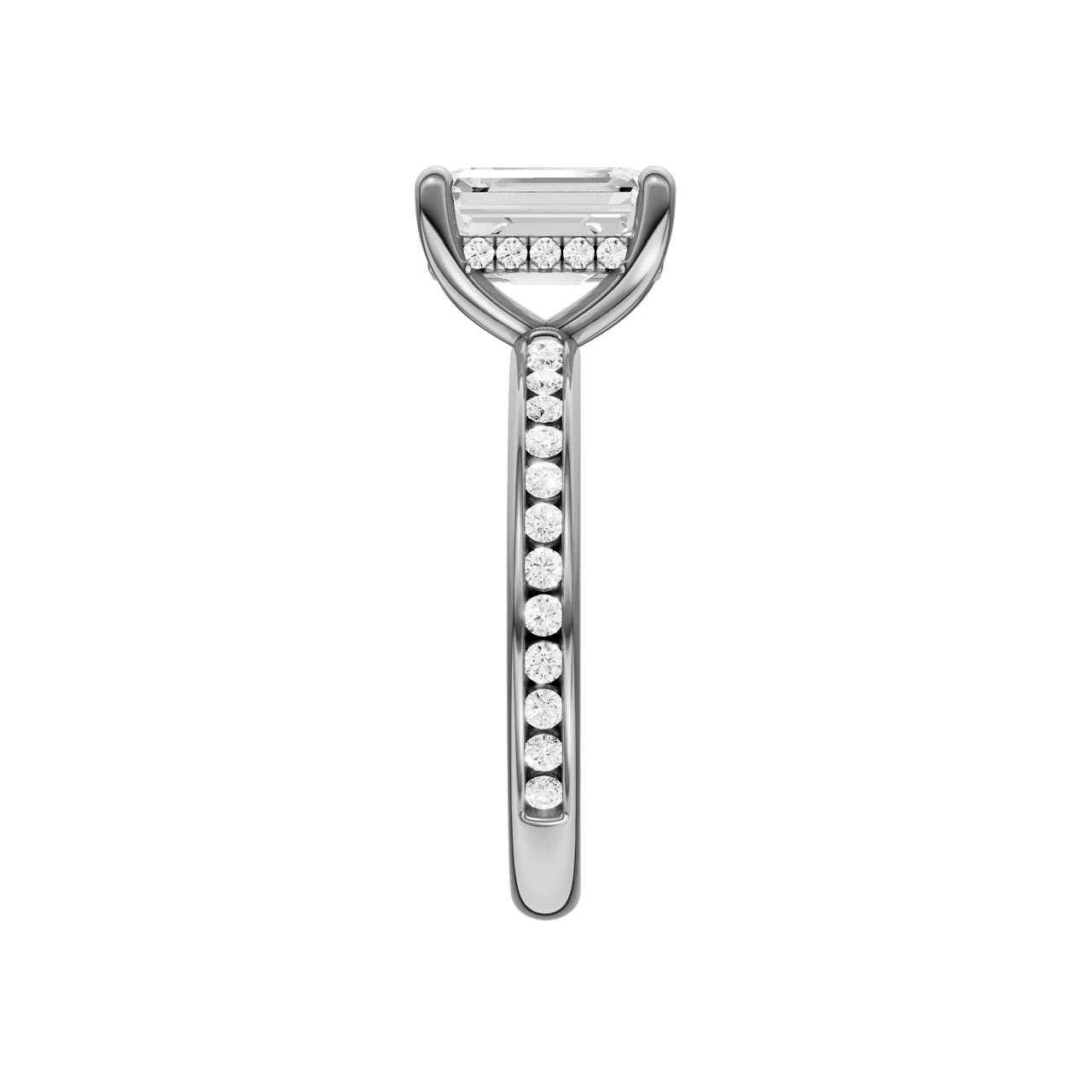 A side view of the Emerald cut diamond engagement ring in platinum with a diamond channel band and cathedral setting