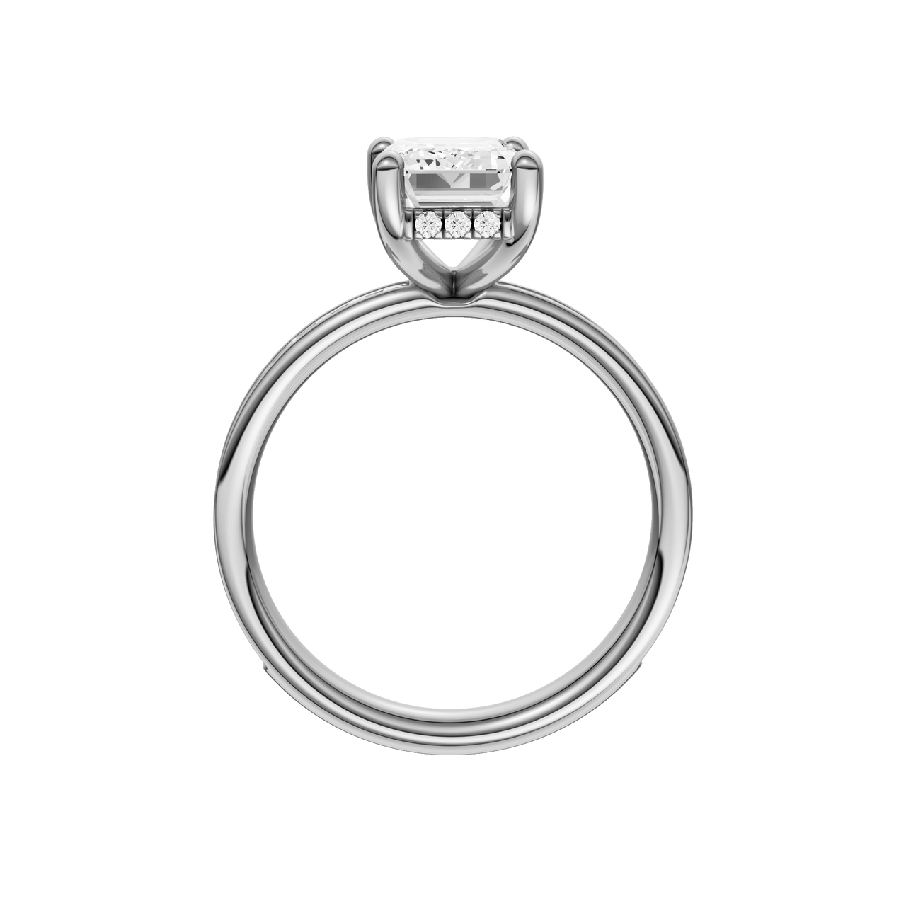 A profile view of the Emerald cut diamond engagement ring in platinum with a diamond channel band and cathedral setting
