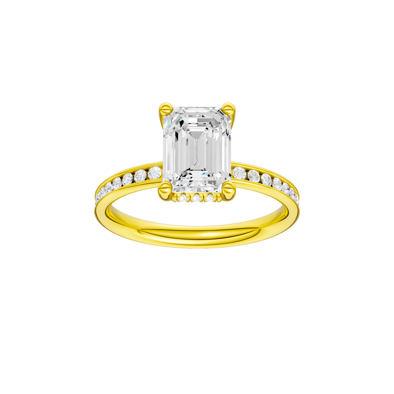 A front view of the Emerald cut diamond engagement ring in 14k yellow gold with a diamond channel band and cathedral setting