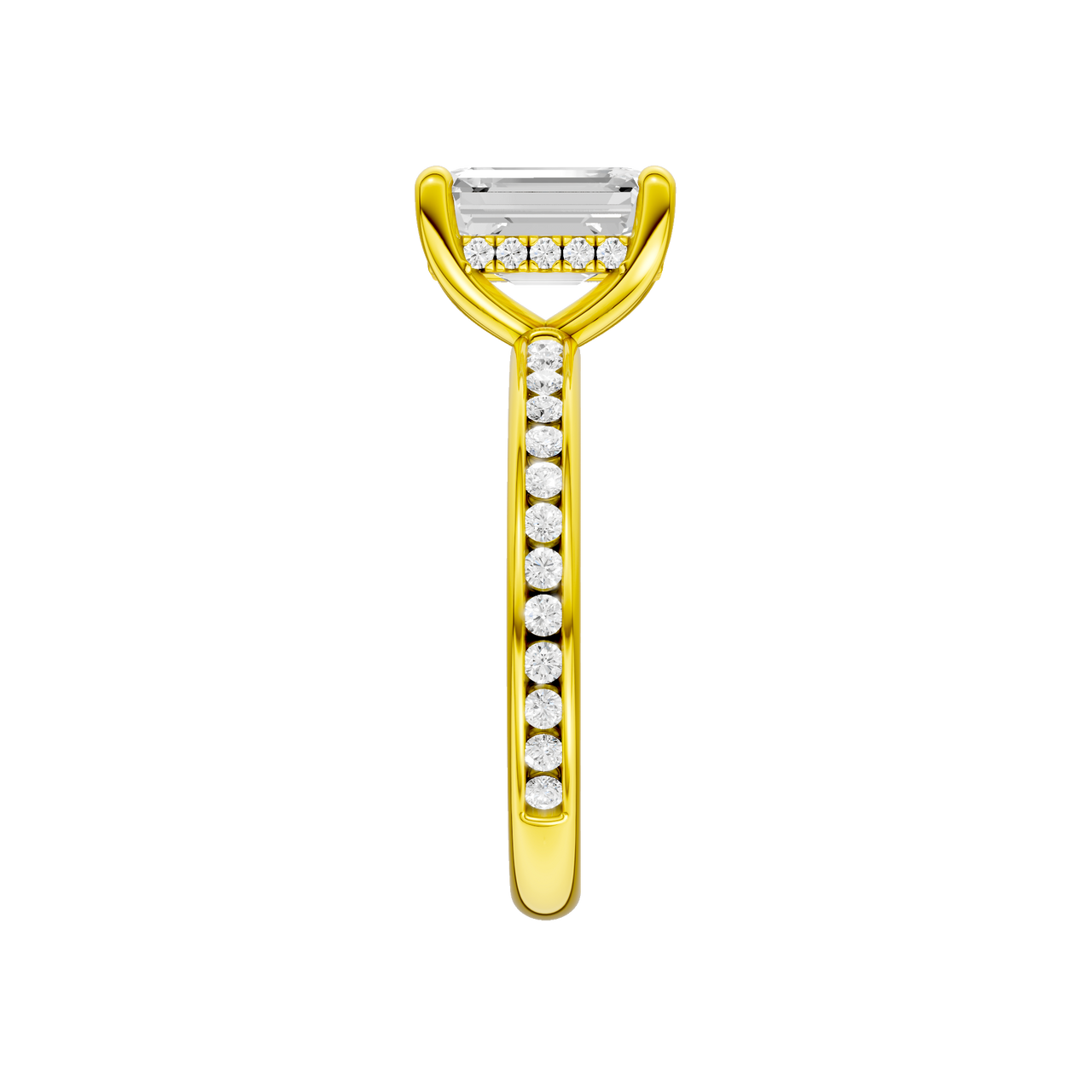 A side view of the Emerald cut diamond engagement ring in 14k yellow gold with a diamond channel band and cathedral setting