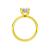 A profile view of the Emerald cut diamond engagement ring in 14k yellow gold with a diamond channel band and cathedral setting