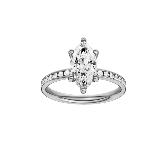 A front view of the Marquise cut diamond engagement ring in platinum with a diamond channel band and cathedral setting