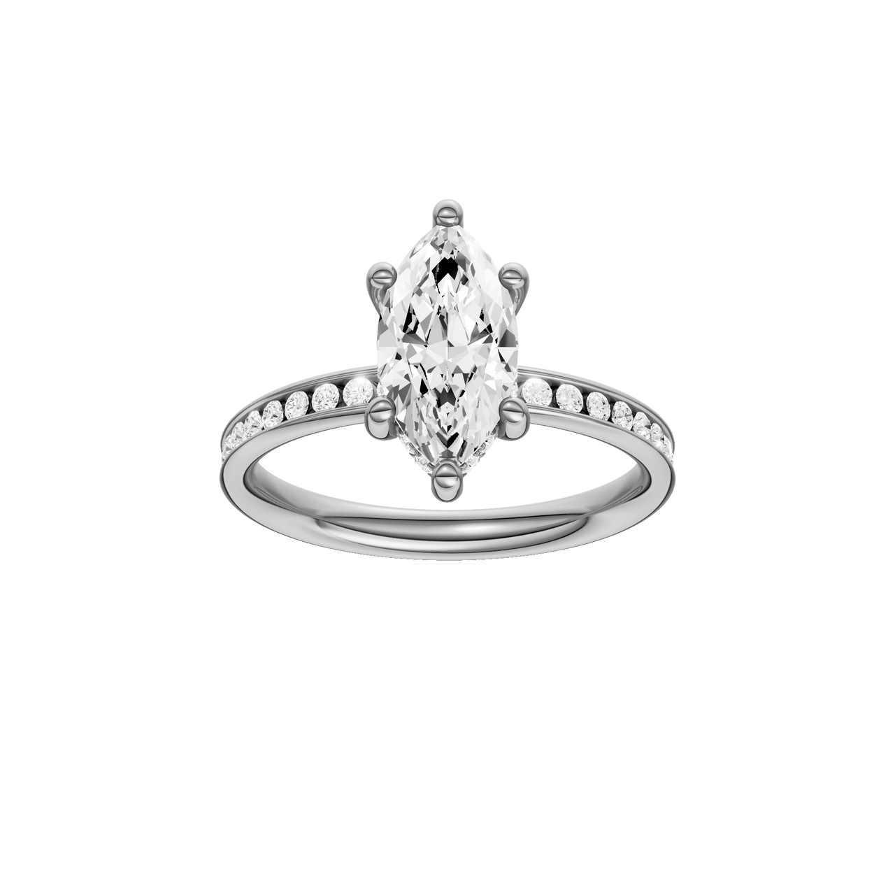 A front view of the Marquise cut diamond engagement ring in platinum with a diamond channel band and cathedral setting