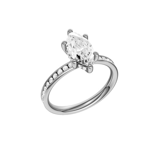 A three-quarter view of the Marquise cut diamond engagement ring in 14k white gold with a diamond channel band and cathedral setting