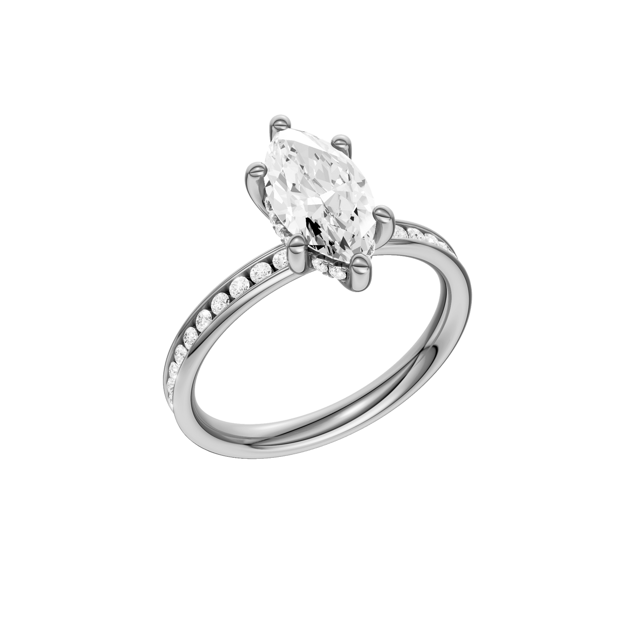 A three-quarter view of the Marquise cut diamond engagement ring in platinum with a diamond channel band and cathedral setting