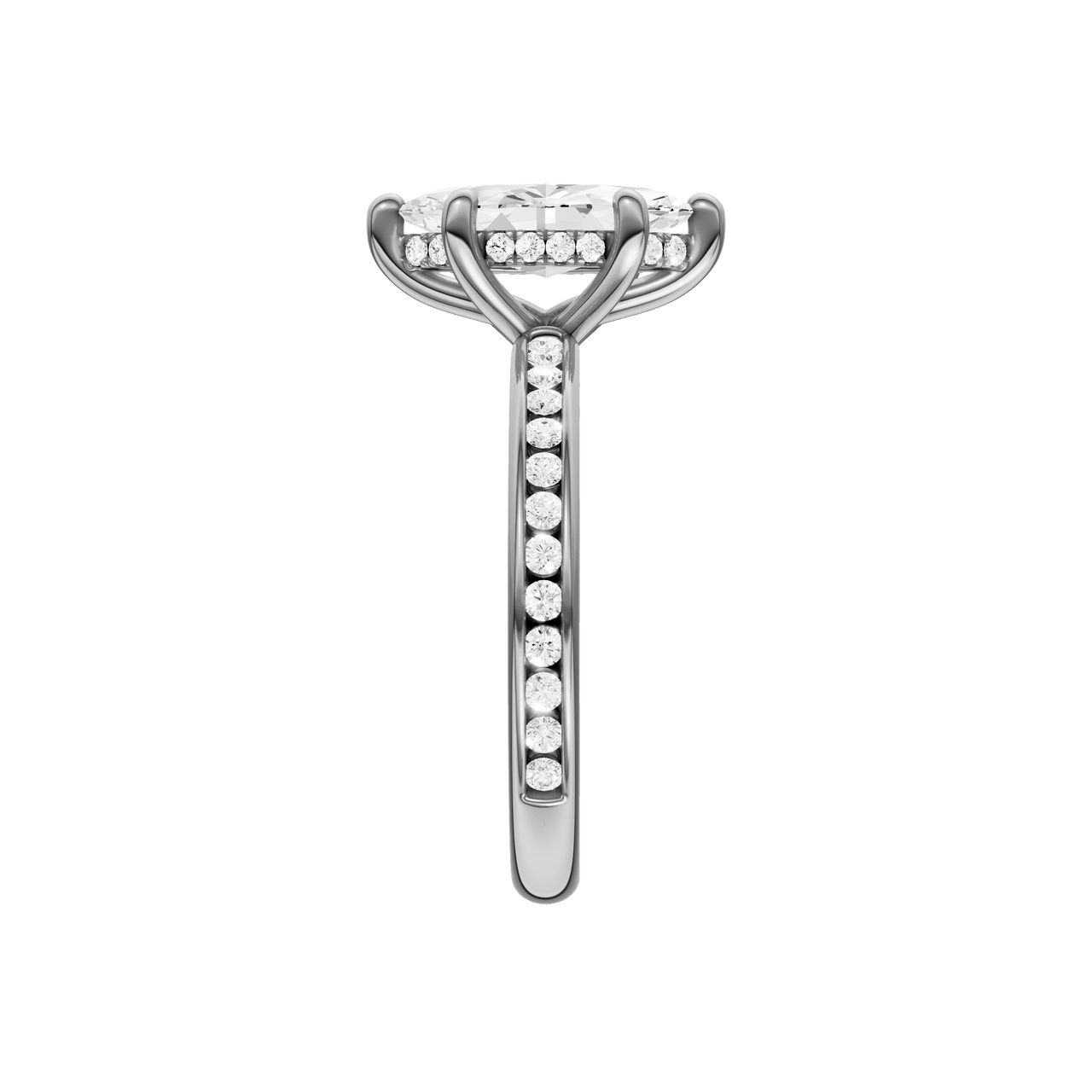 A side view of the Marquise cut diamond engagement ring in 14k white gold with a diamond channel band and cathedral setting