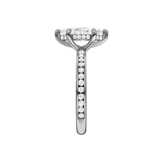 A side view of the Marquise cut diamond engagement ring in platinum with a diamond channel band and cathedral setting