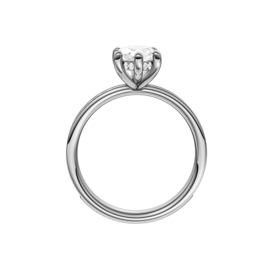 A profile view of the Marquise cut diamond engagement ring in 14k white gold with a diamond channel band and cathedral setting
