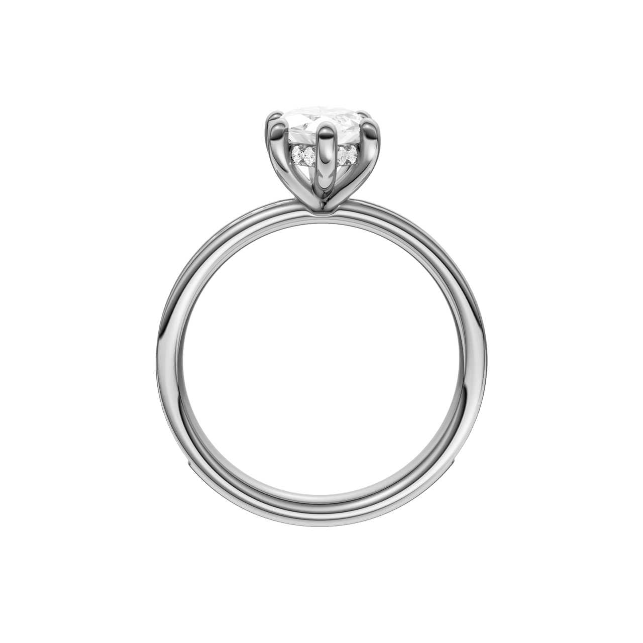 A profile view of the Marquise cut diamond engagement ring in 14k white gold with a diamond channel band and cathedral setting