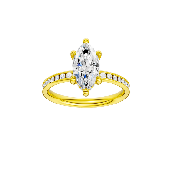 A front view of the Marquise cut diamond engagement ring in 14k yellow gold with a diamond channel band and cathedral setting